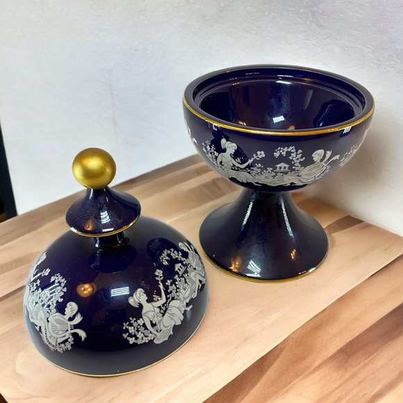 Vintage Italy Florentine Cobalt Blue Ceramic Compote Lidded Dish Greek Couple - Picture 2 of 11